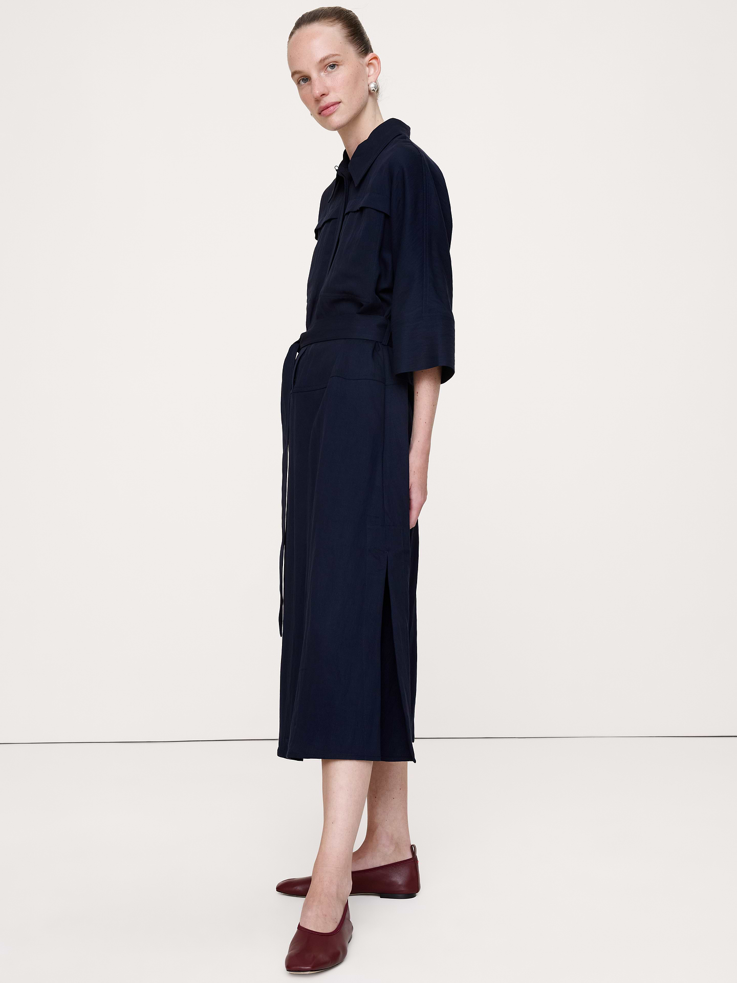 Image 4 of 4, Drapey Twill Belted Midi Shirt Dress