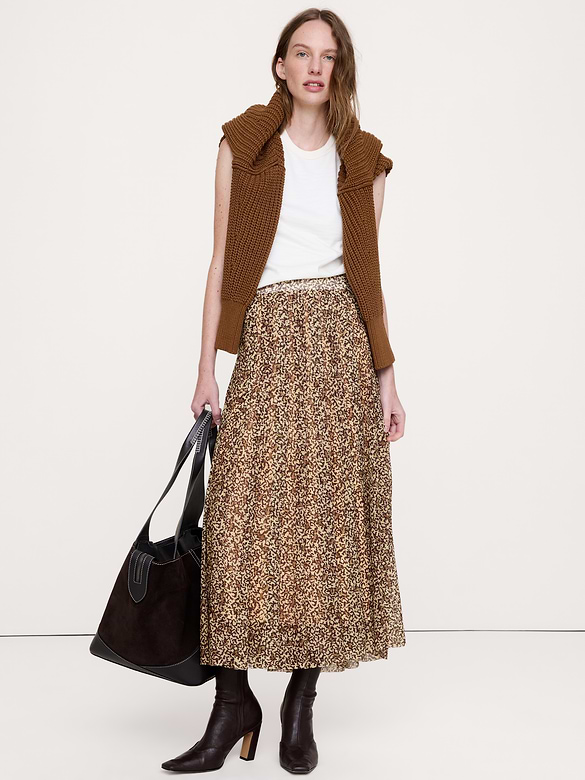 Mesh Pleated Midi Skirt