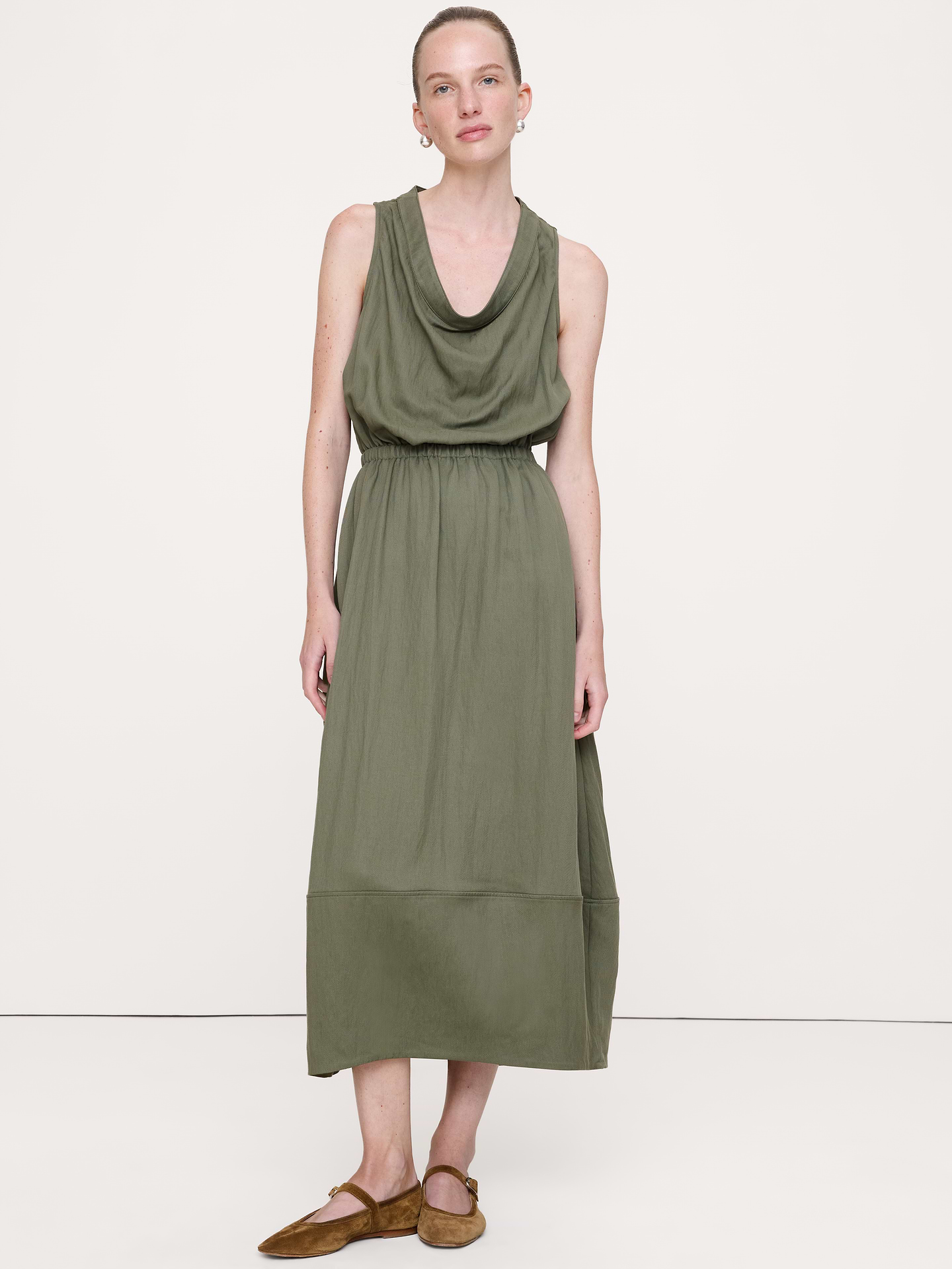 Image number 1 showing, Drapey Twill Cowl-Neck Midi Dress