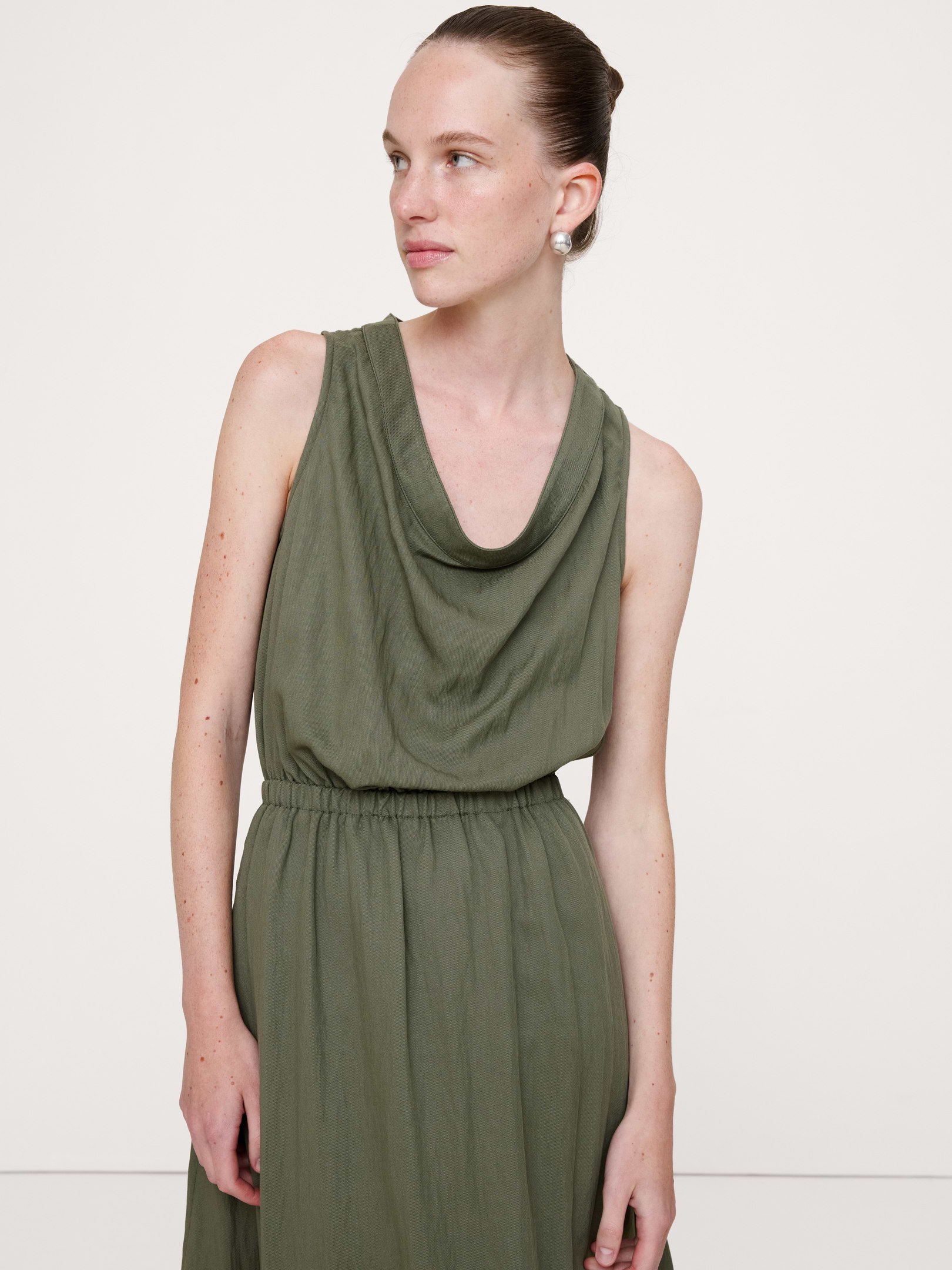Image number 6 showing, Drapey Twill Cowl-Neck Midi Dress
