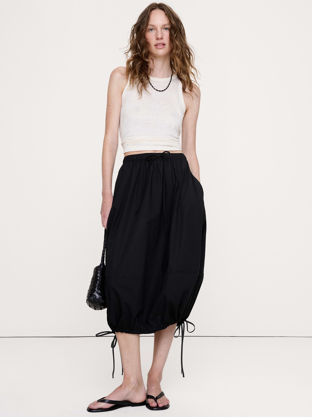 Cotton Poplin Bubble Drawstring Skirt