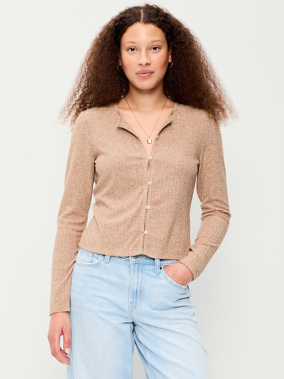 Long-Sleeve Button-Front Pointelle Top