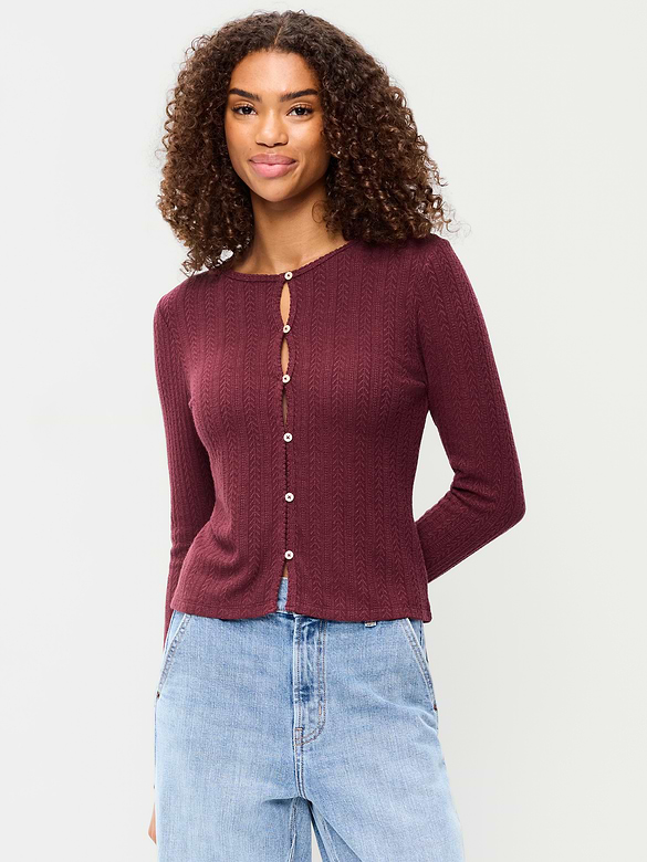 Long-Sleeve Button-Front Pointelle Top