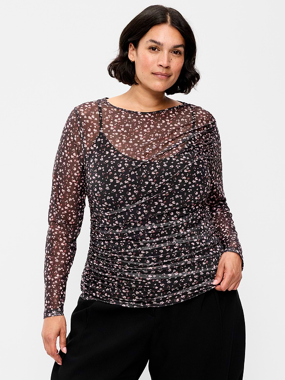 Long-Sleeve Asymmetrical Unlined Mesh Top