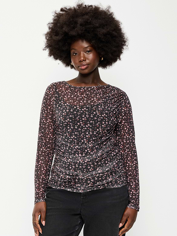 Long-Sleeve Asymmetrical Unlined Mesh Top