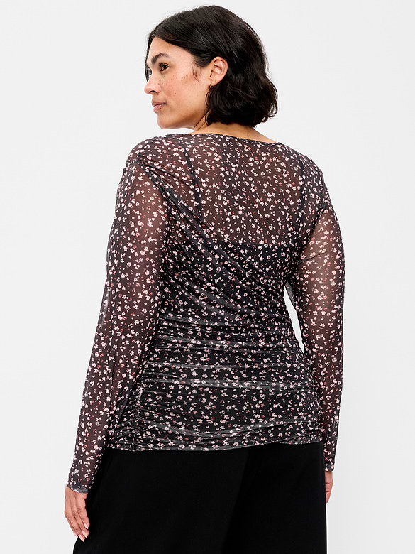 Long-Sleeve Asymmetrical Unlined Mesh Top