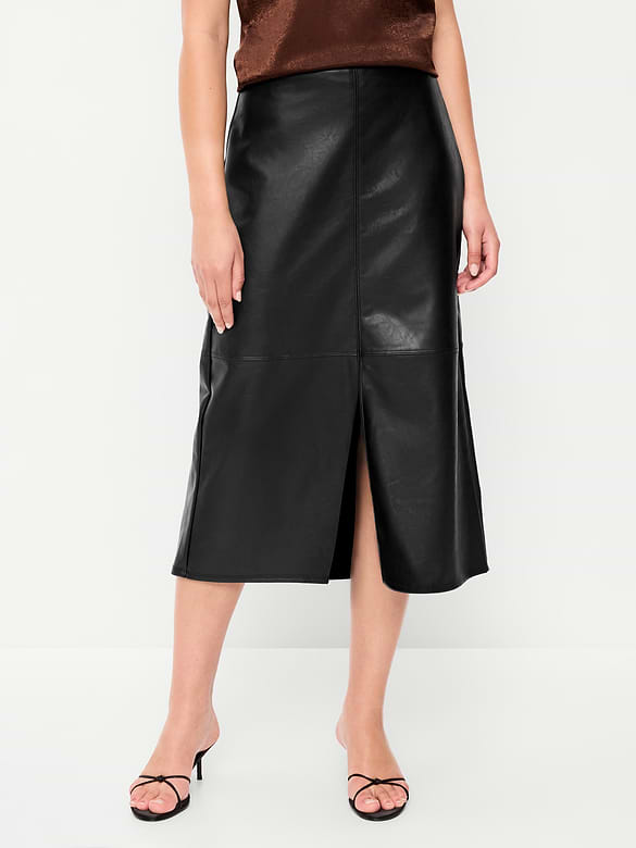 Faux-Leather Pencil Midi Skirt