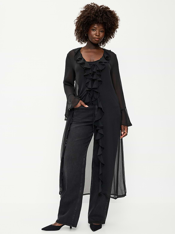 Long-Sleeve Sheer Chiffon Duster