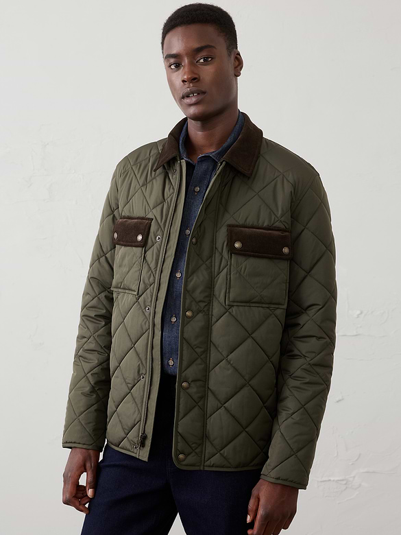 Corduroy-Collar Quilted Jacket