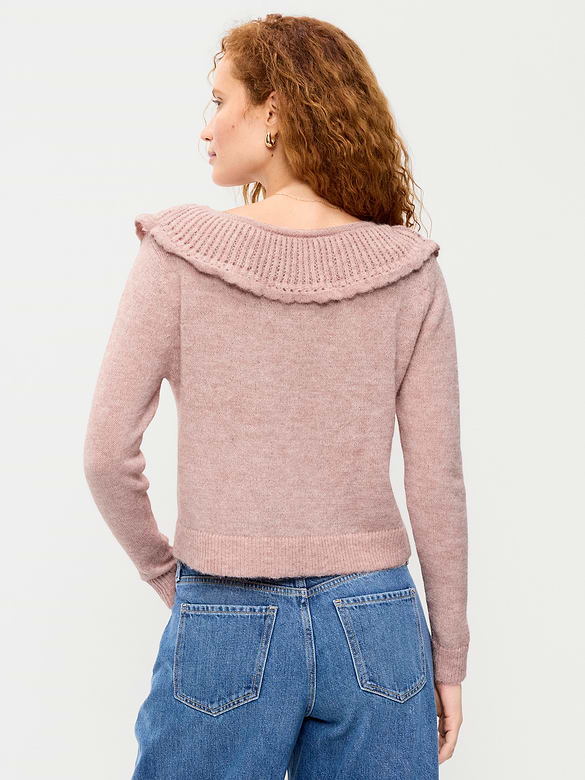 Ruffle-Collar Pointelle Cardigan