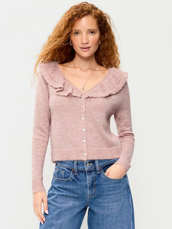 Ruffle-Collar Pointelle Cardigan