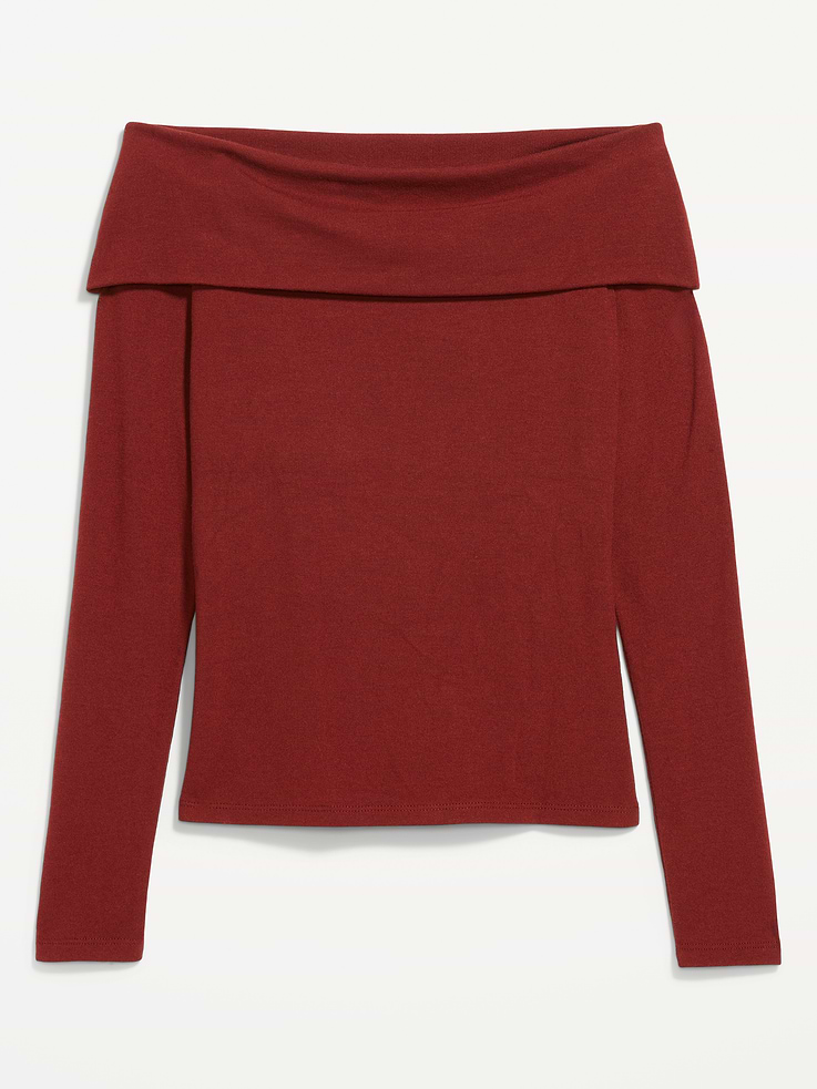 Image 4 of 8, Off-The-Shoulder Long-Sleeve Fitted Top