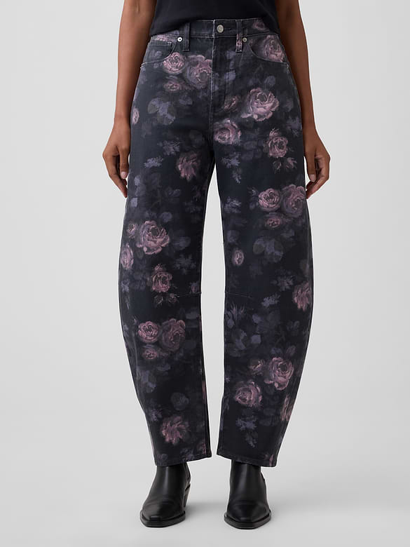 High Rise Print Barrel Jeans