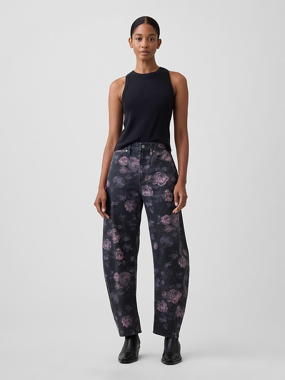 High Rise Print Barrel Jeans