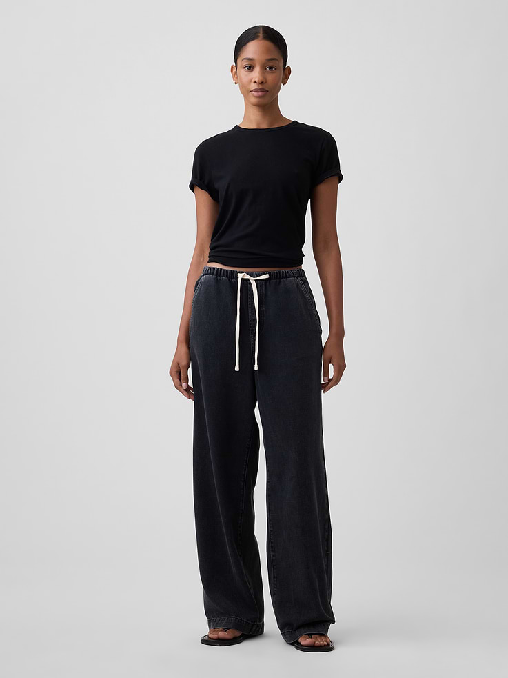Image number 1 showing, High Rise Pull-On Wide-Leg Jeans