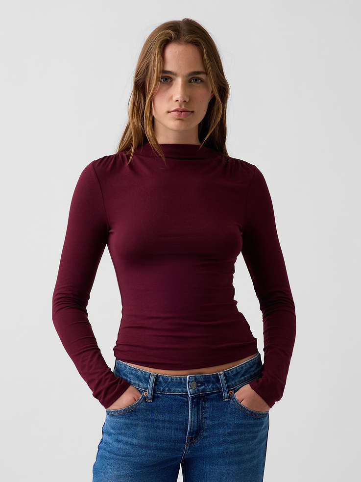 Image number 1 showing, CloseKnit Jersey Funnel-Neck Ruched T-Shirt
