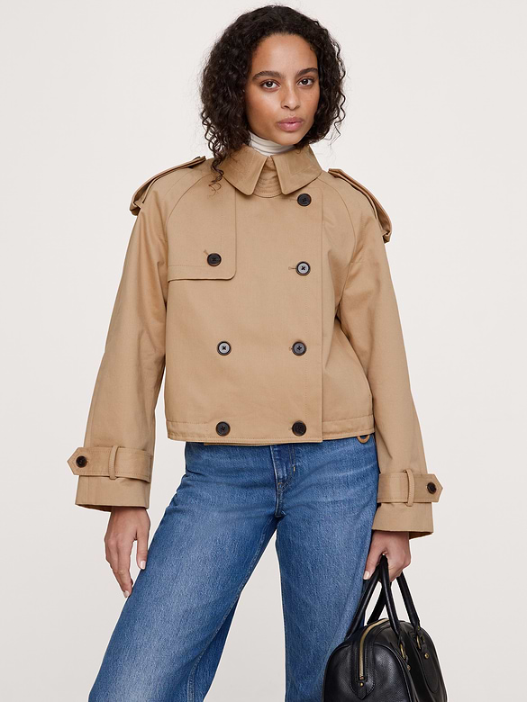 Cropped Cotton Twill Trench Coat