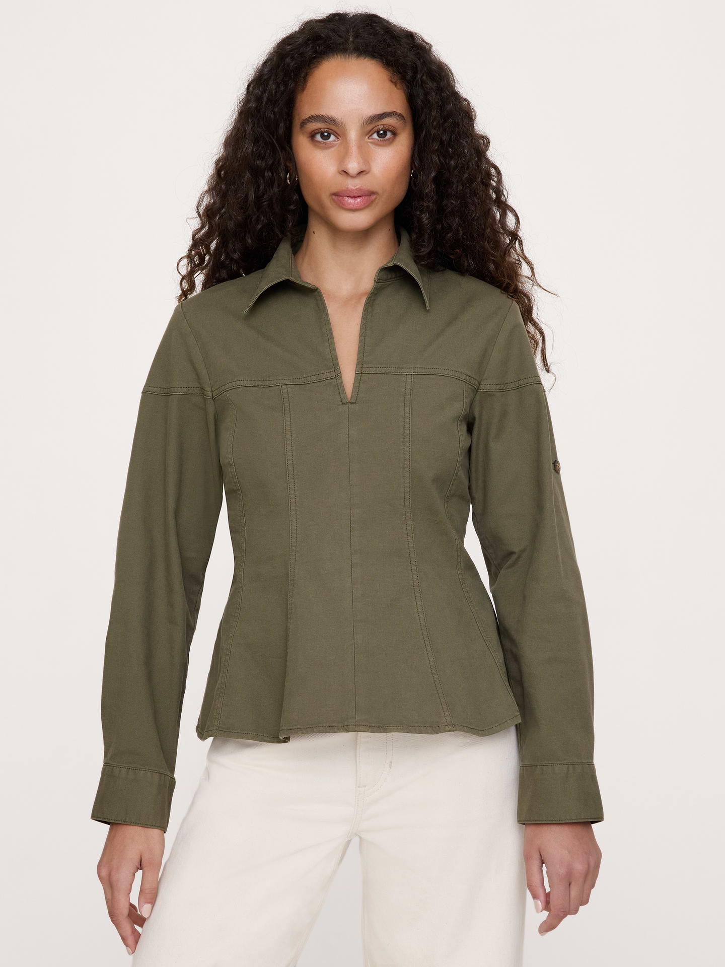 Image number 1 showing, Stretch-Cotton Pleated-Waist Top
