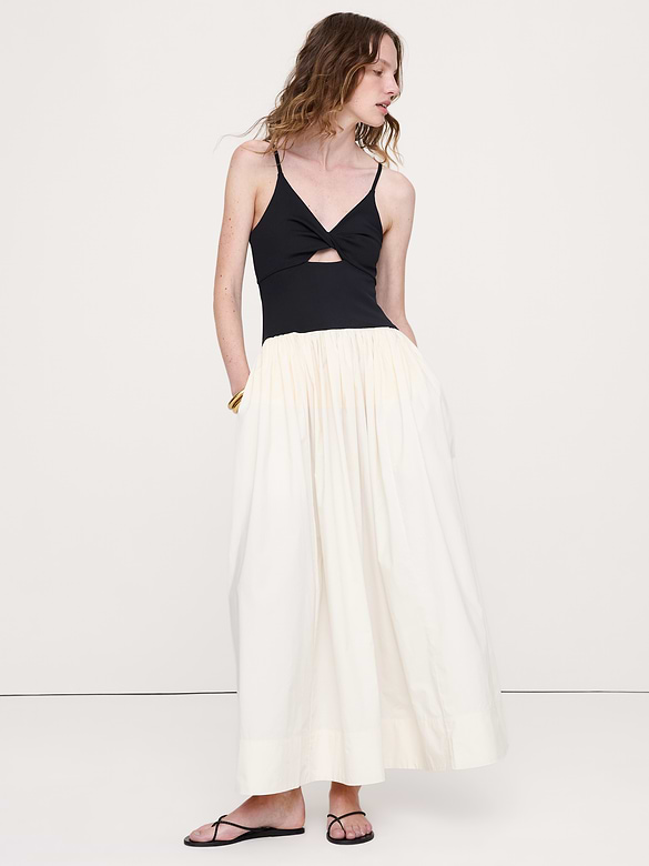 Jersey + Poplin Twist-Front Maxi Dress