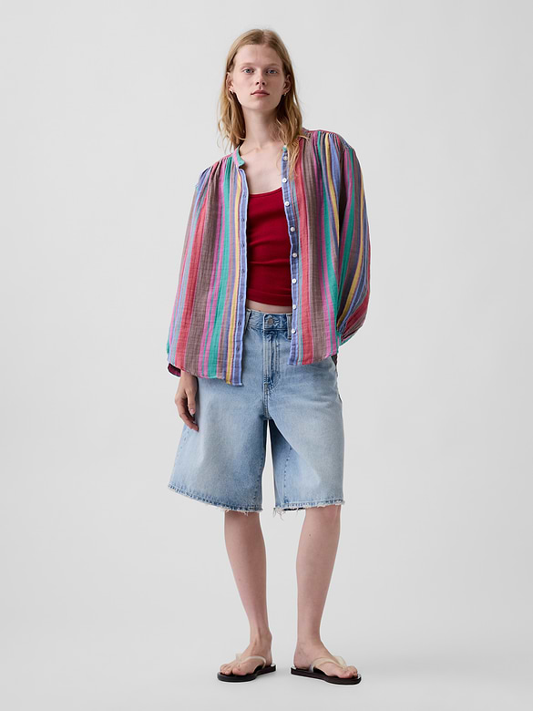 Cotton Gauze Oversized Collarless Shirt