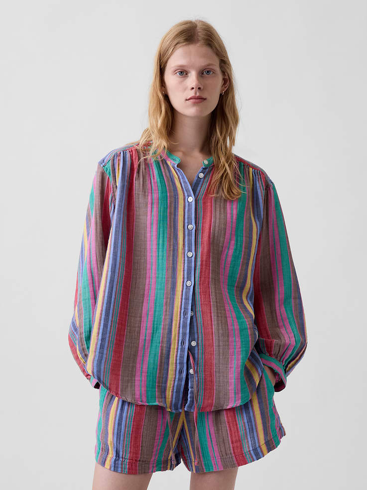 Image number 1 showing, Cotton Gauze Oversized Collarless Shirt