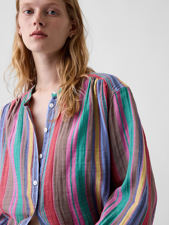 Cotton Gauze Oversized Collarless Shirt