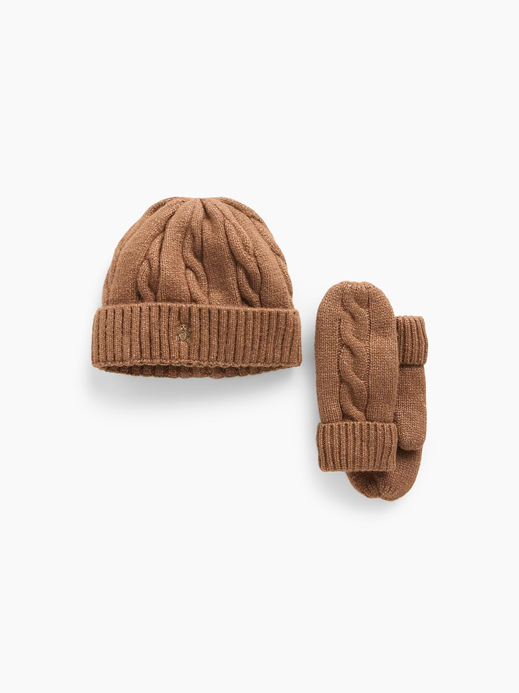 Image 1 de 1, Tricot torsadé doux et extensible., Ourlet côtelé., Ourson Brannan brodé sur le bonnet., Mitaines doublées de molleton., Fait de polyester recyclé à 32 %. Comparativement aux matières vierges, l’utilisation de matières recyclées permet de réduire l’utilisation des ressources et le gaspillage., Produit #914997