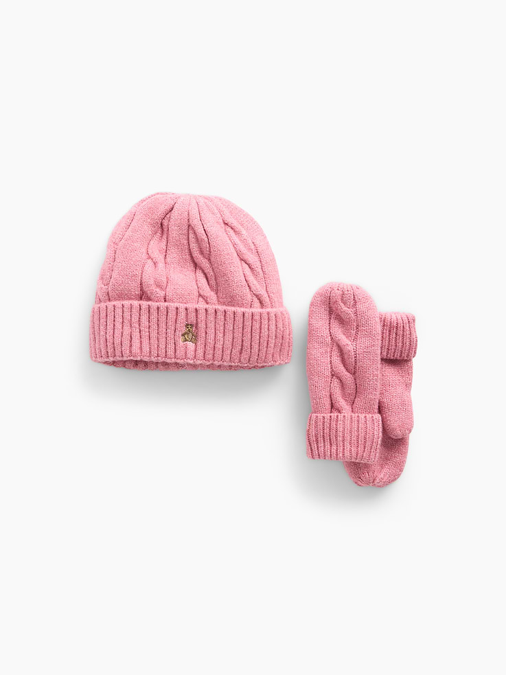Image 1 de 1, Tricot torsadé doux et extensible., Ourlet côtelé., Ourson Brannan brodé sur le bonnet., Mitaines doublées de molleton., Fait de polyester recyclé à 32 %. Comparativement aux matières vierges, l’utilisation de matières recyclées permet de réduire l’utilisation des ressources et le gaspillage., Produit #914997