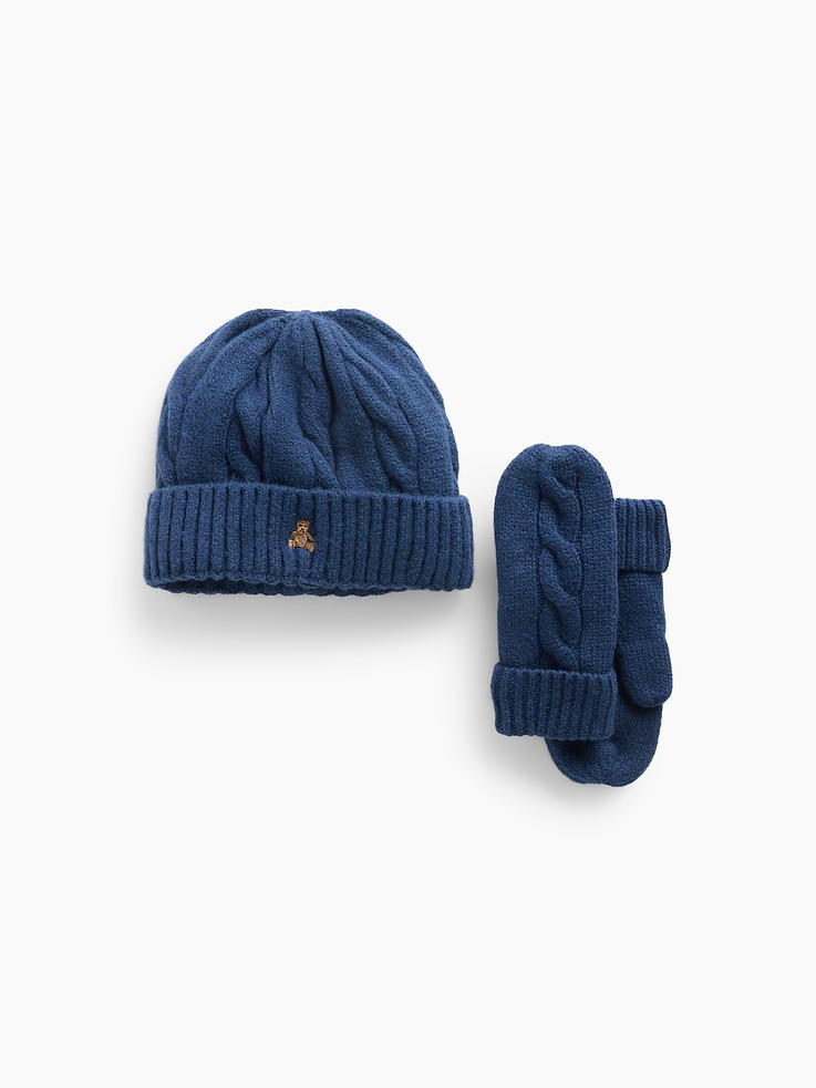 Image 1 de 1, Tricot torsadé doux et extensible., Ourlet côtelé., Ourson Brannan brodé sur le bonnet., Mitaines doublées de molleton., Fait de polyester recyclé à 32 %. Comparativement aux matières vierges, l’utilisation de matières recyclées permet de réduire l’utilisation des ressources et le gaspillage., Produit #914997
