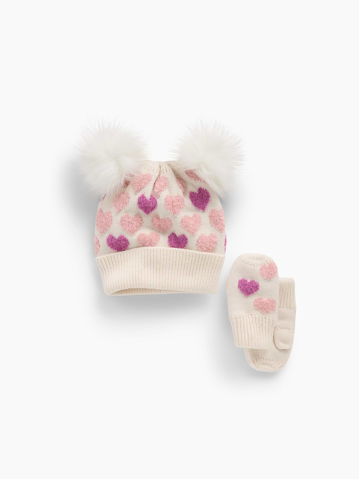 Image 1 de 1, Tricot doux., Pompon en similifourrure appliqué sur le dessus., Cœurs tricotés., Ourlet côtelé., Produit #914998