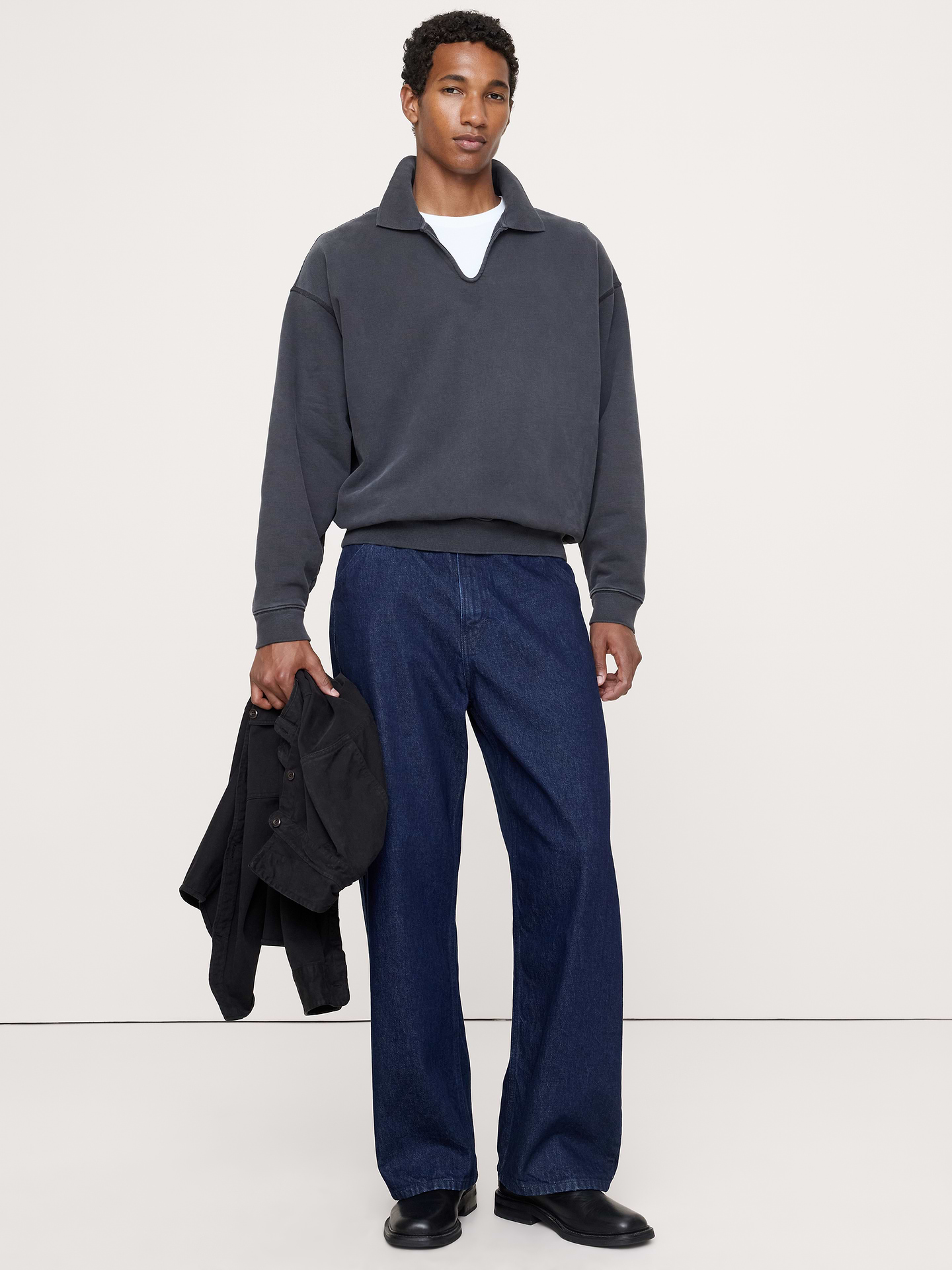 Image 1 of 6, We love French terry for its softness and all-weather weight. Here, our heavyweight popover polo employs a garment wash (for softness and an already-loved color)., Oversized Fit: A roomy fit with dropped shoulder seams., Johnny collar., Straight hem., Product #1179965