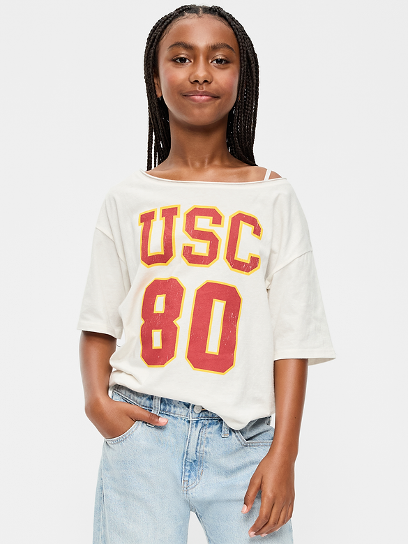 College Off-Shoulder Graphic T-Shirt for Girls