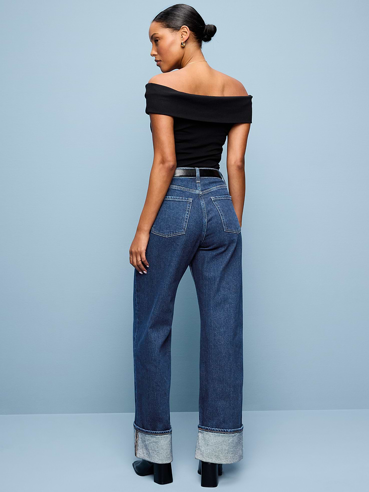 L'image numéro 3 présente Jean profilé à jambe large à revers et à taille très haute