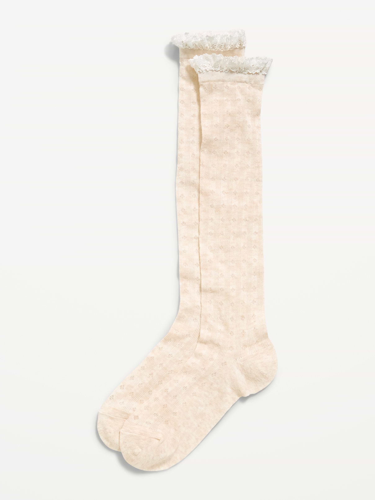 Image 1 of 2, over-the-knee length, pointelle knit, lace ruffled trim at cuffs, notched toe seams, Product #910991