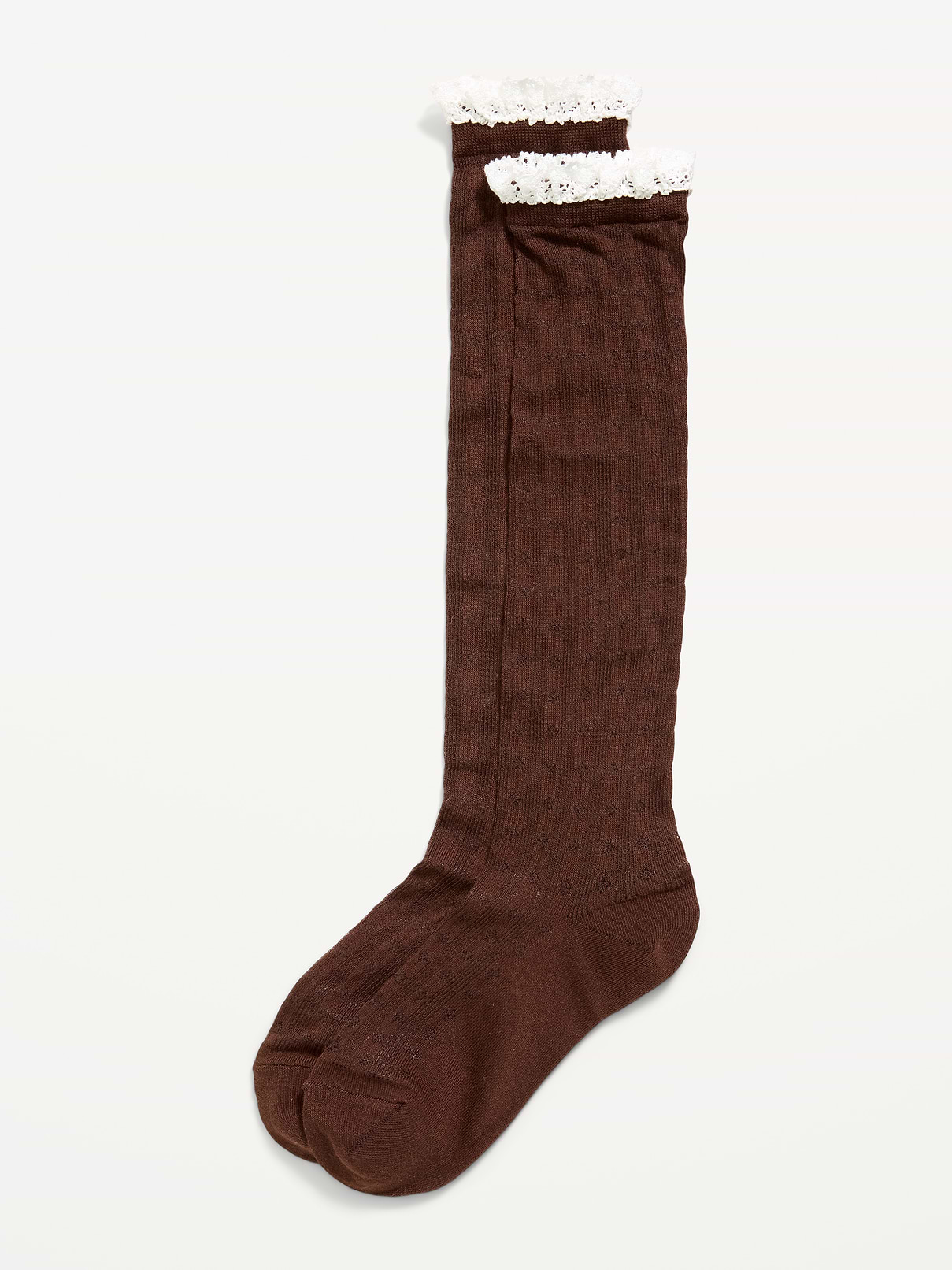 Image 1 of 2, over-the-knee length, pointelle knit, lace ruffled trim at cuffs, notched toe seams, Product #910991