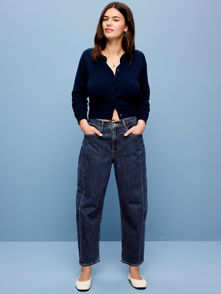 L'image numéro 5 présente Jean coupe baril à taille haute longueur cheville