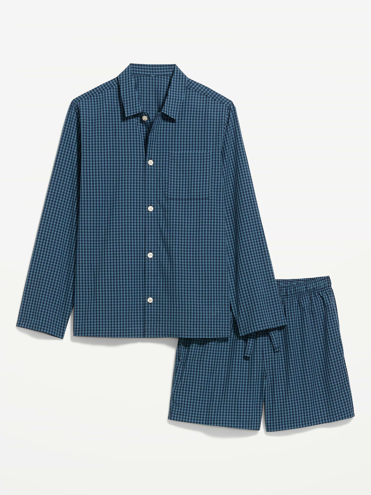 Image 1 of 1, spread collar, long sleeves, full-button front, front patch pocket, elastic drawstring waist, shorts with hip pockets, back pocket, Product #904997