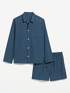 Image 1 of 1, spread collar, long sleeves, full-button front, front patch pocket, elastic drawstring waist, shorts with hip pockets, back pocket, Product #904997