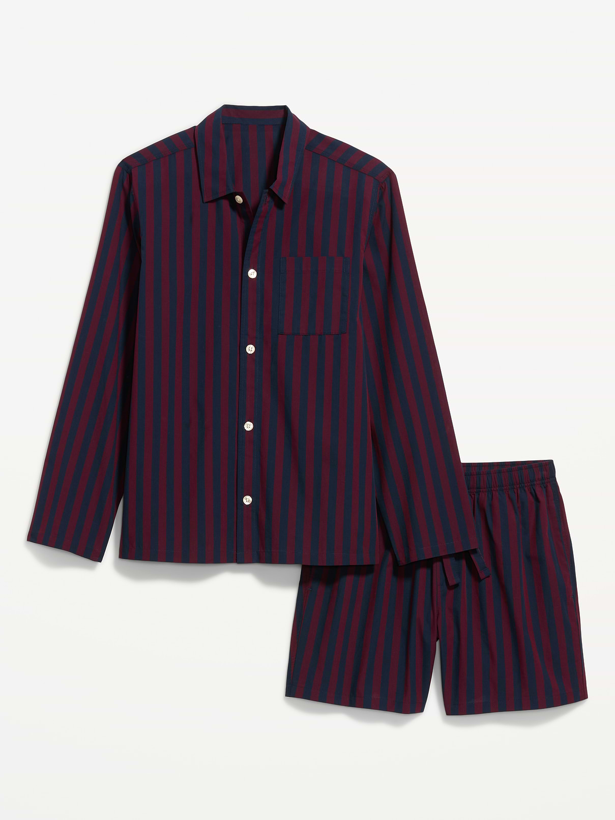 Image 1 of 1, spread collar, long sleeves, full-button front, front patch pocket, elastic drawstring waist, shorts with hip pockets, back pocket, Product #904997
