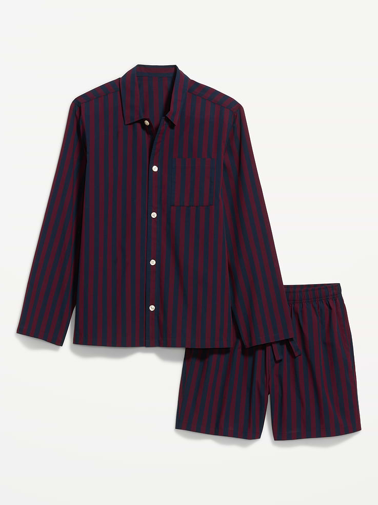 Image 1 of 1, spread collar, long sleeves, full-button front, front patch pocket, elastic drawstring waist, shorts with hip pockets, back pocket, Product #904997