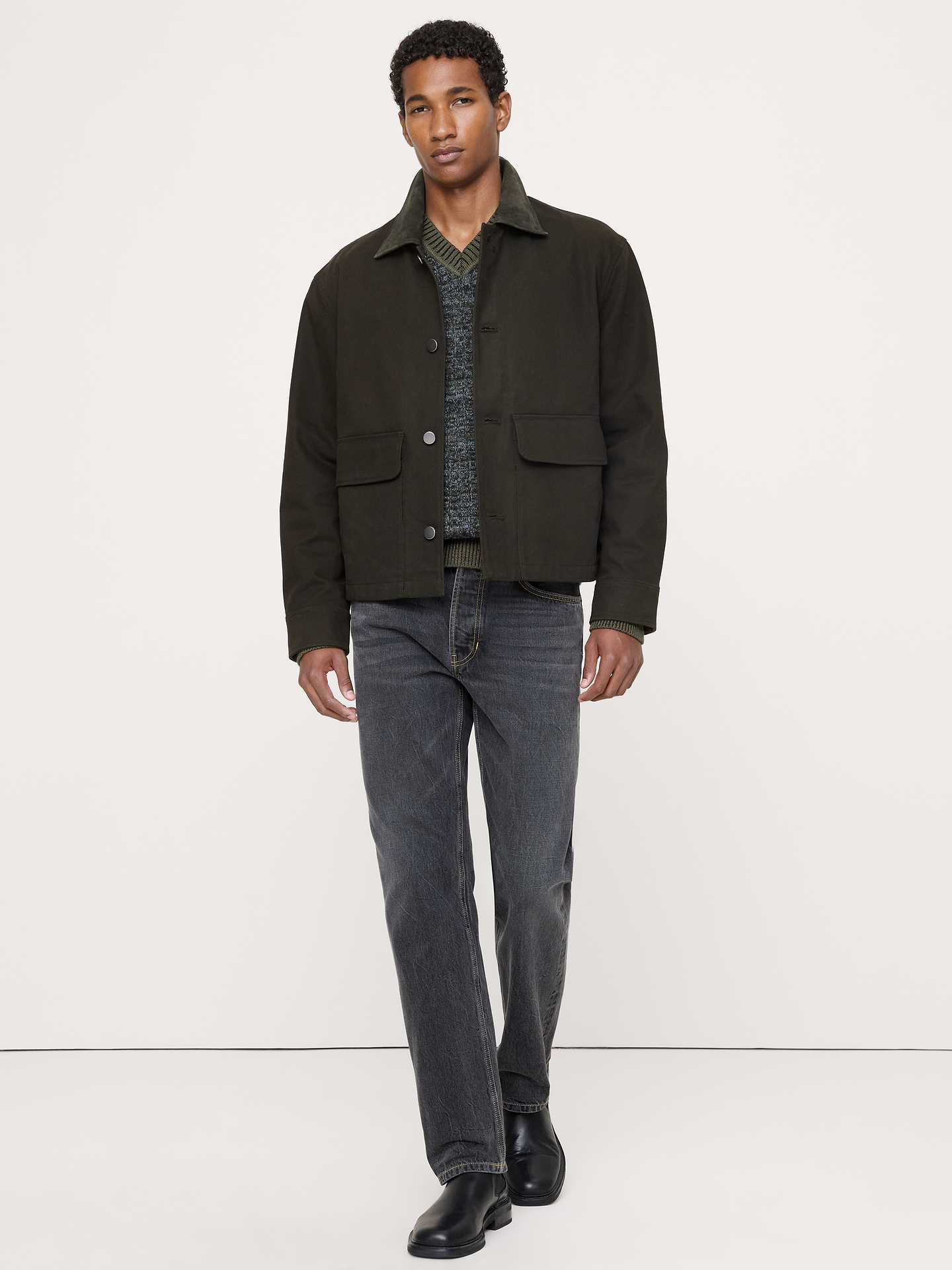 Image number 1 showing, Cotton Twill Utility Jacket with Suede Collar