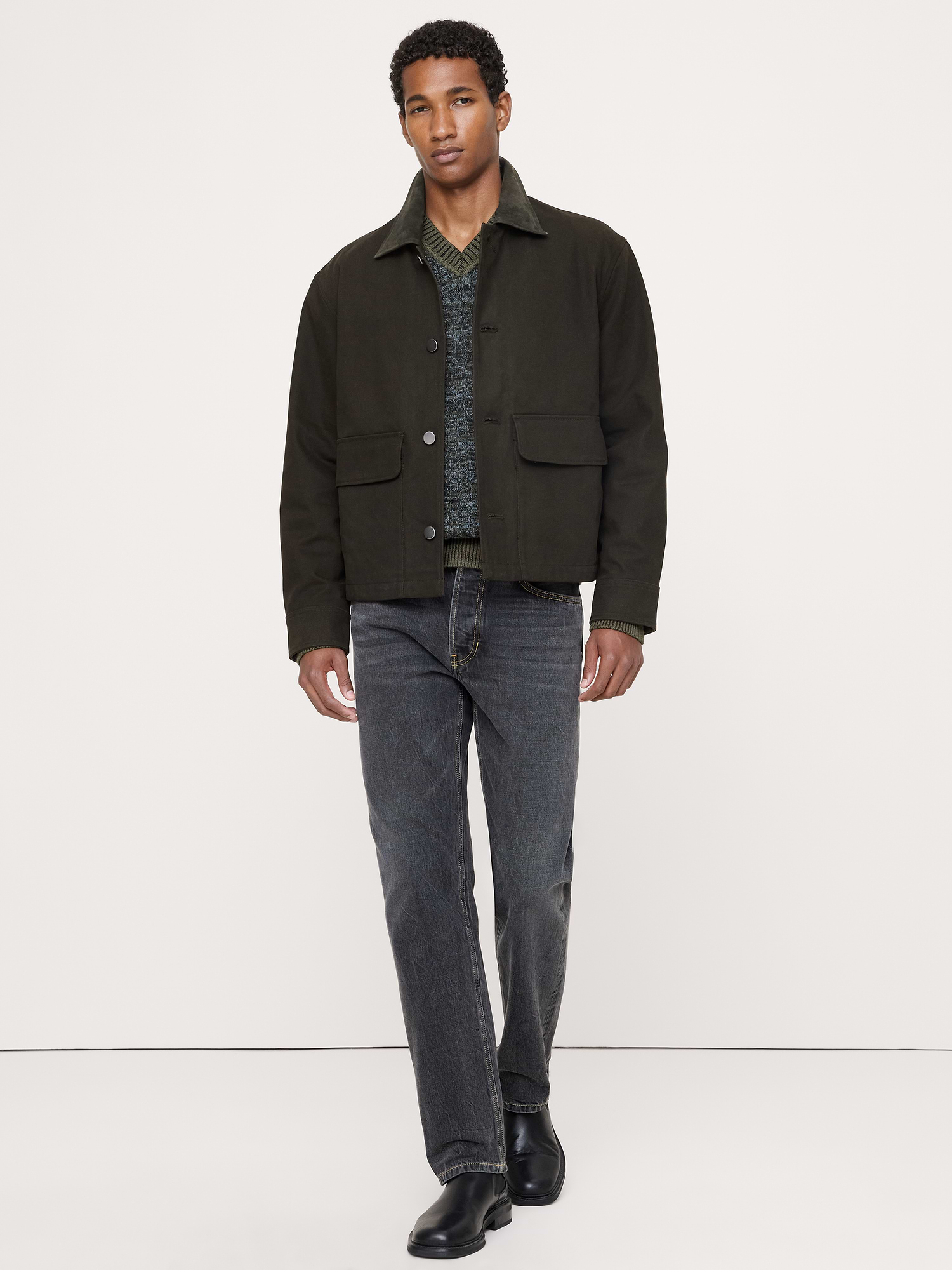 Banana Republic Waxed Cotton Twill Utility Jacket with Suede Collar INTERNATIONAL SHIPPING