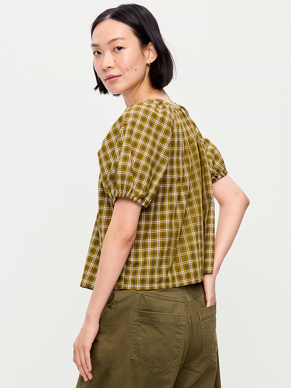 Short-Sleeve Button-Front Plaid Top