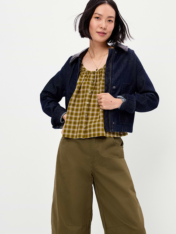 Short-Sleeve Button-Front Plaid Top