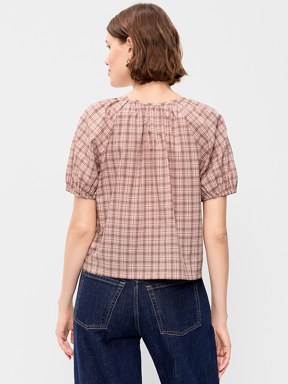 Short-Sleeve Button-Front Plaid Top