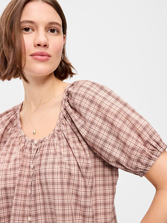 Short-Sleeve Button-Front Plaid Top