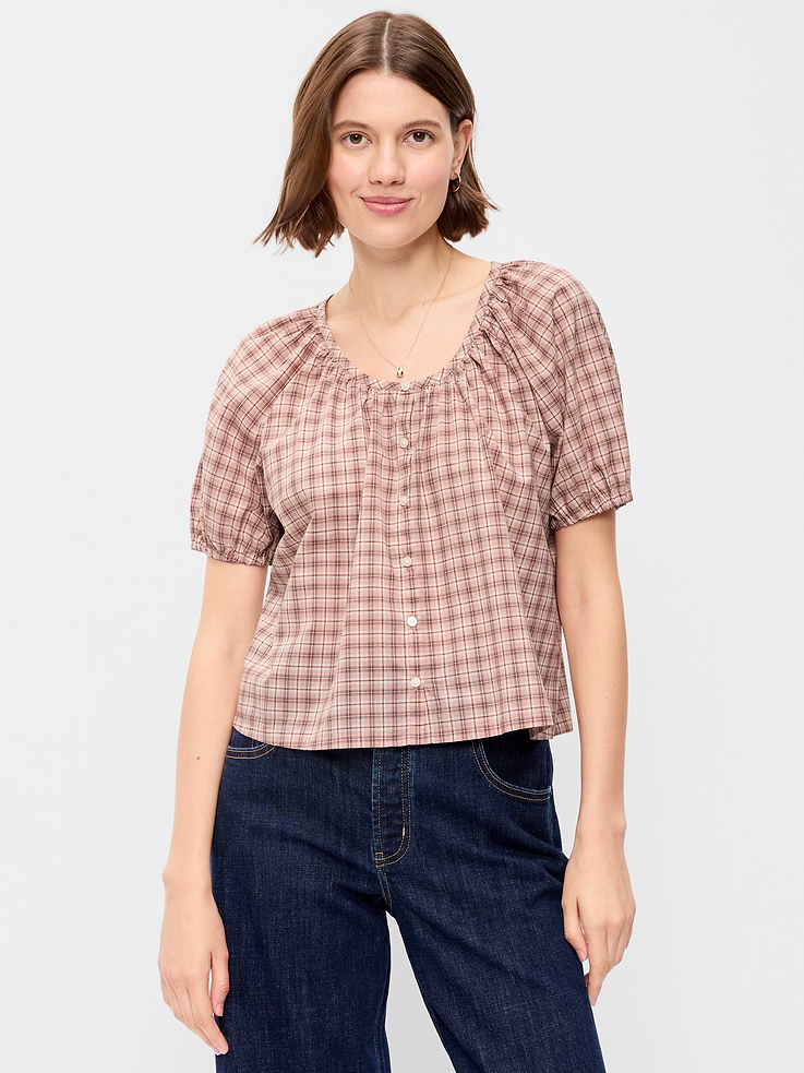 Image number 1 showing, Short-Sleeve Button-Front Plaid Top