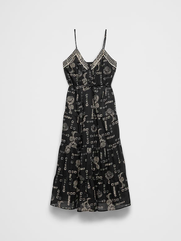 Strappy Embroidered Tiered Midi Dress
