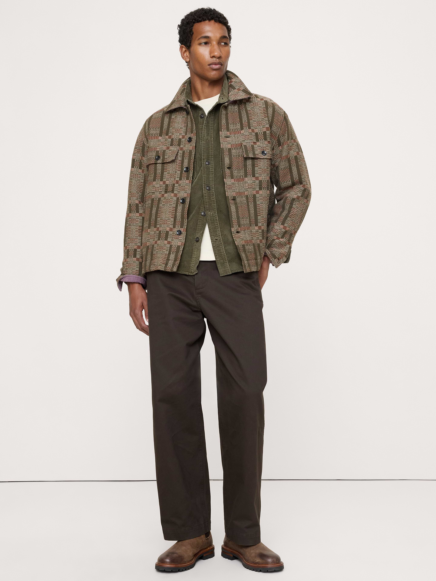 Image 1 of 7, Reimagined from a vintage sweater, this jacquard overshirt is cut from 100% cotton in a rich plaid with corduroy trim. Layer it as a shirt jacket when temperatures drop., Relaxed Fit: A straight & roomy fit with a dropped shoulder seam., Spread collar with button front., Chest pockets., Straight hem., Product #906470