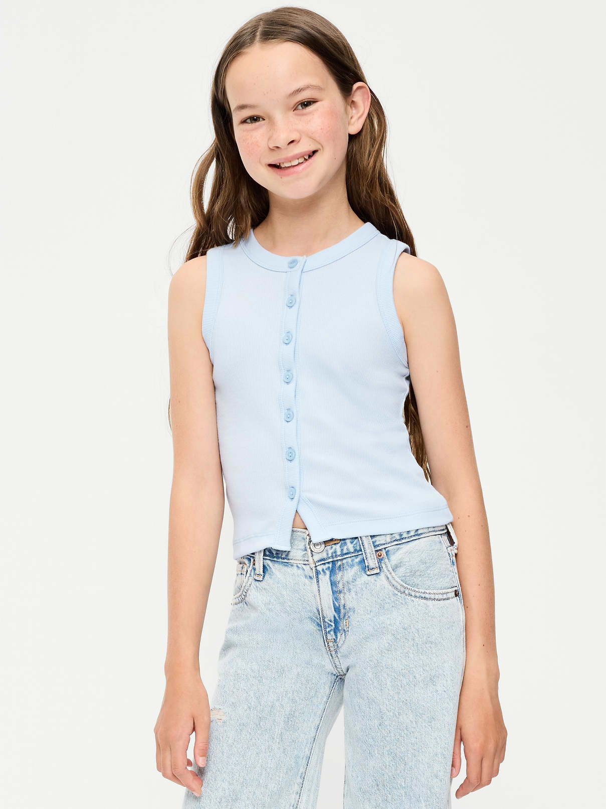 Image number 1 showing, Fitted Sleeveless Ribbed Button-Front Top for Girls